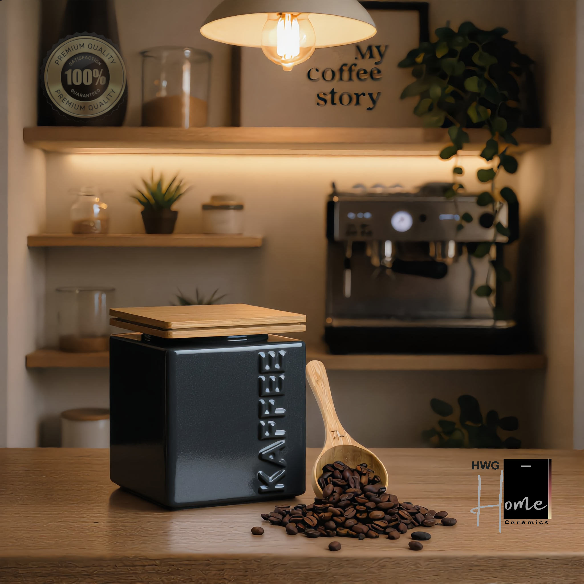 Premium Kaffeedose Anthrazit für 500g - 700g inkl. Messlöffel mit Bambusdeckel. Luftdicht, stapelbar